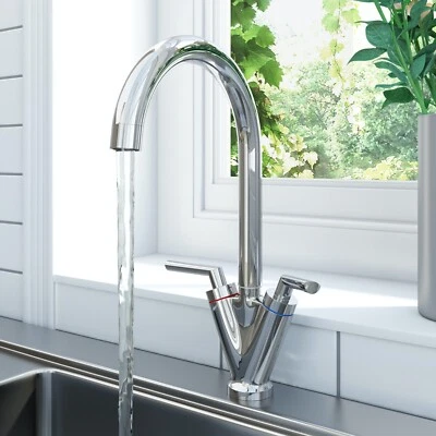 Modern Kitchen Mixer Tap Dual Lever Swivel Spout Mono Chrome Sink Taps Faucet - Image 1 of 4