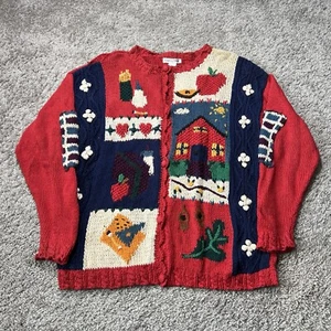Vintage 90s School Village Farm Cardigan Sweater Women's Size L Holiday Red - Picture 1 of 11