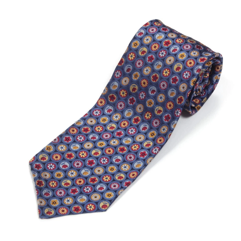 LÍNEAS PLATEADAS Corbata Cuello Seda Azul Primavera Flor Punto Floral Círculo Tulipán Margarita Para Hombre Foto 1 de 4