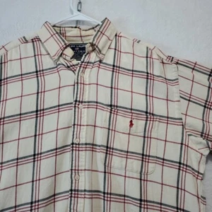 Ralph Lauren Sportsman Tartan Plaid Creme Red Heavy Flannel Shirt Men's Size L - Picture 1 of 16