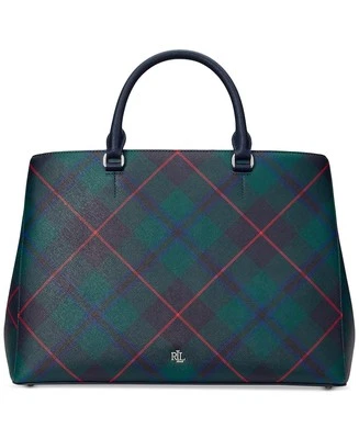 ☂️🍄 Lauren Ralph LaurenHanna Plaid Leather☄️LARGE☄️Satchel Tartan/navy - Image 1 of 4