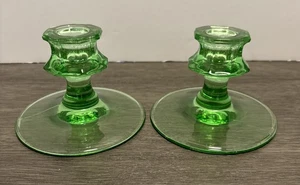 Vtg Pair Fostoria Green Depression Glass Uranium Vaseline Candlestick Holders - Picture 1 of 9