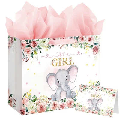 13" Baby Shower Gift Bag for Girl - Pink Floral Elephant Design with Tissue & Ca - Image 1 of 4