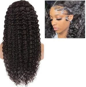 13x4 Deep Wave Lace Front Wig Human Hair 22 Inch - Black - Picture 1 of 4