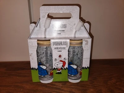 Snoopy Puffer Jacket Set Of 2 Cups With Straws Bar ware Kitchen Glasses 16oz - Image 1 of 4