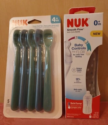 NUK 2 Mix Lot Five 4+m Soft SPOONS and BOTTLE 0+m Smooth Flow 10 oz.  Brand New - Image 1 of 4