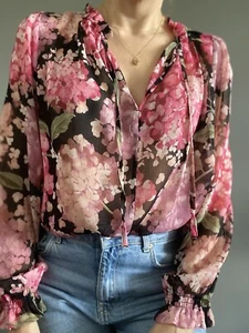 H&M Ladies Floral print Pink Chiffon blouse Top size M - Picture 1 of 5