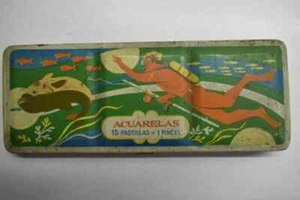 VINTAGE & VERY RARE ARGENTINA WATERCOLORS LITHO TIN BOX CAN SUBMARINE HUNT MODEL - Picture 1 of 4