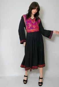 70's Vintage Long Sleeve Black Embroidery Mirror Folk Hippy Belted Midi Dress - Picture 1 of 8