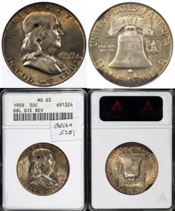 1959 50c Double Die Rev Franklin Half Dollar ANACS MS 63 - Picture 1 of 5