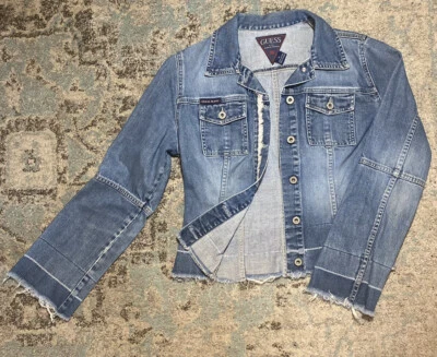 Chaqueta vaquera Guess azul vintage años 90’s dobladillo desgastado deshilachado para mujer’s M Foto 1 de 4