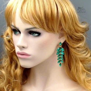 Women Green Crystal Rhinestone Dangle Chandelier Earrings Leaf Gift Prom 029 - Picture 1 of 5