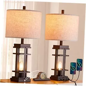 Set of 2 Farmhouse Table Lamps with USB Ports, 26"Tall Bedside Brown Rustic - Picture 1 of 7