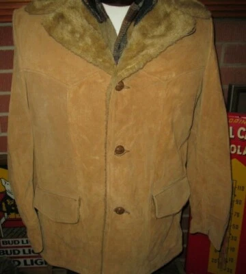 CUERO GENUINO De Colección Años 70 80 Gamuza Sherpa Forrado Cuello Chaqueta Occidental Talla 38 Usada en Excelente Condición Foto 1 de 4