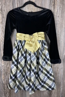 Vestido de Navidad Bonnie Jean Niñas 12 Negro Terciopelo y Tafetán a Cuadros Corbata Amarilla Foto 1 de 4