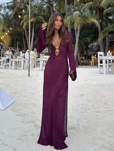 Purple Crochet Knitted Maxi Dress, Beach Cover Up Summer Dress - Size M (UK 10) - Picture 1 of 8