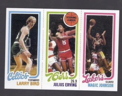 NOT PERFORATED 3 PANEL ROOKIE REPRINT MAGIC JOHNSON AND LARRY BIRD + DR. J - Image 1 of 2