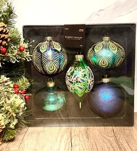 Robert Stanley Christmas Ornaments Peacock Blue Green Turquoise Set of 5 NWT - Picture 1 of 20