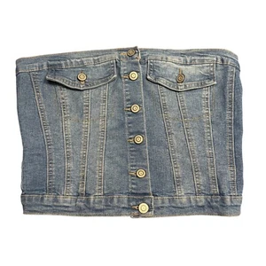 Denim Blue Large Corset Tube Top Button Front Smocked Back Strapless Bustier Y2K - Picture 1 of 10