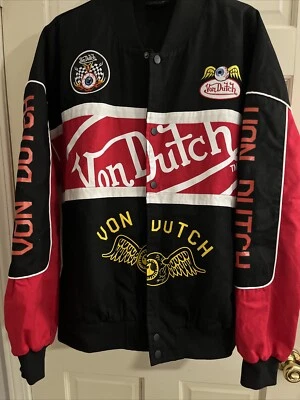 Von Dutch Varsity Bomber Jacket Black/Red Large EUC Piping Flying Eyeball - Image 1 of 4