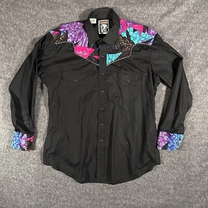 Vintage Karman Western Shirt Men’s XL Black Snap Button Rodeo Cowboy Aztec Yoke - Picture 1 of 13