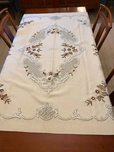 VTG Crewel, Embroidery, Needlepoint, Unfinished, Table Cloth 65” X 74” - Picture 1 of 11