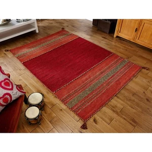 Kelim Red Rug Hall Runners and Cushions Tribal Aztec Geometric Design Tassels - Picture 1 of 6