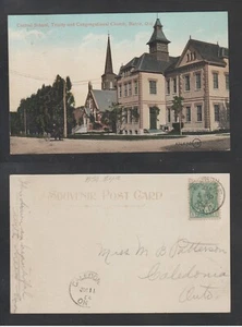 Postal de Barrie Ontario 1908 Escuela Central Iglesia de la Trinidad y la Congregación usada - Imagen 1 de 3