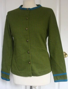 Vintage Jantzen 36 M Green Blue Dot Sweater Cardigan Made USA Thick Knit Button - Picture 1 of 12