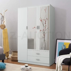 3 Door 2 Drawer Mirrored Wardrobe Cabinet 4 Storage Shelves Armoire White - Picture 1 of 11