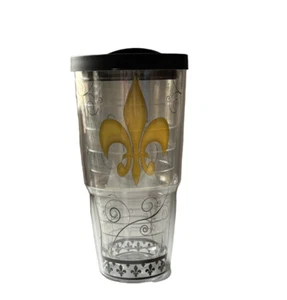 Tervis Tumbler 24 OZ & Lid Double Wall Insulated Fleur-de-lis Swirls Black Gold - Picture 1 of 6