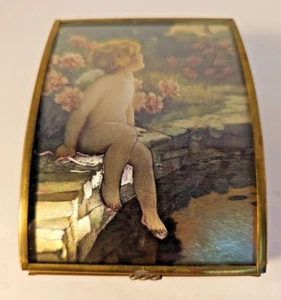Joyero de música de colección Via Vermont vidrio latón y lámina querubín ángel caja de música - Imagen 1 de 7