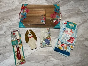 Pioneer Woman LOT 2 Pc Acacia Wood Cutting Board, Spicy Cowgirl Towel Grater Etc - Picture 1 of 7