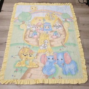 Vtg Precious Moments Noah’s Ark Reversible Baby Kids Blanket Quilt Yellow Trim - Picture 1 of 7