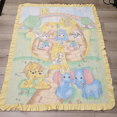 Vtg Precious Moments Noah’s Ark Reversible Baby Kids Blanket Quilt Yellow Trim - Image 1 of 4