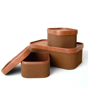 Fluted Cardboard Storage Baskets with Leather-Like Lids, Sturdy Stackable Pap... - Picture 1 of 5