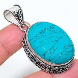 Blue Turquoise Gemstone Handmade 925 Sterling Silver Jewelry Pendant Size 2.1" - Picture 1 of 1