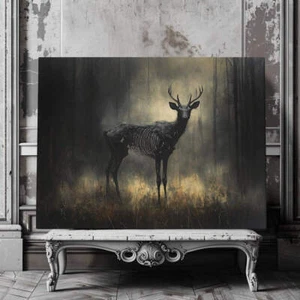 Skeletal Stag Canvas Print – Gothic Mystical Deer in a Haunted Forest Setting - Picture 1 of 18