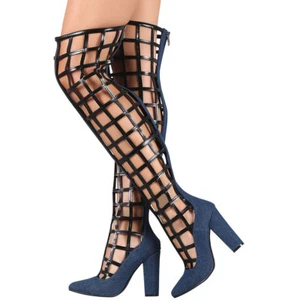 Blue Denim Blk Criss Cross Cage Over The Knee OTK High Heel Gladiator Boots Shoe - Picture 1 of 5