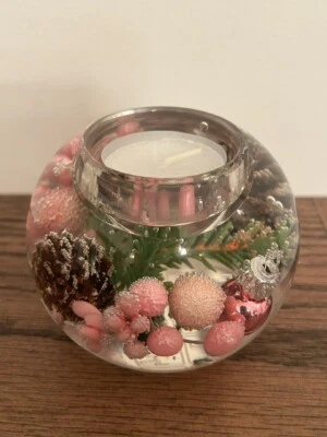 Gilde Dreamlight Glass Tealight Candle Holder Pink & White 3.2" Germany - Image 1 of 4