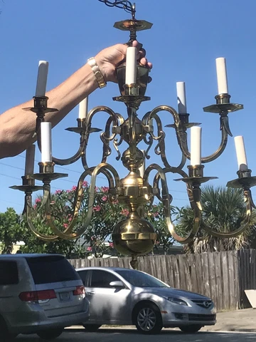 Vintage Solid Brass Large Heavy 9 Arm Williamsburg Colonial Chandelier Cover