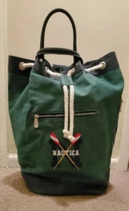 Vintage NAUTICA Hunter Green/Navy Blue Heavy Cotton Canvas Drawstring Backpack  - Picture 1 of 9