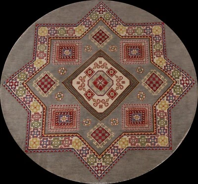 Vegetable Dye Gray Geometric Super Kazak Hand-knotted Oriental Round Rug 7'x7' - Image 1 of 4