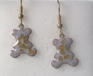  Enamel on Copper DANGLE EARRINGS -TEDDY BEAR SHAPE- TAN/GOLDEN YELLOW - Picture 1 of 3