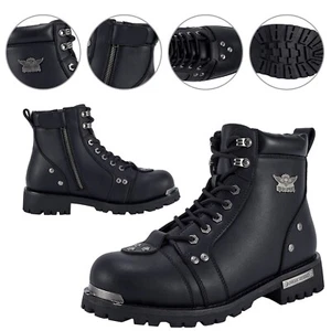 Men's Motorcycle Boots PU Leather Combat Boots For Men Biker Boots with Lace-Up - Picture 1 of 11