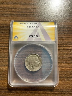 1917-D Buffalo Nickel 5C ANACS VERY GOOD 10 VG 10 Type 2, "FIVE CENTS" In Recess - Image 1 of 4