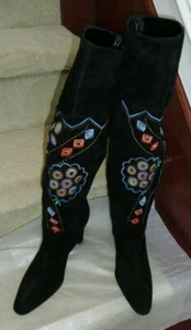 CLAUDIA CIUTI Black Suede Embroidered Knee High Heel Boots Size 10 NEW - Picture 1 of 12