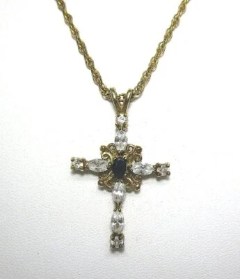Collar Colgante Cruz con Zafiro Azul/Cadena Llena de Oro 12K CZ Blanca Foto 1 de 4