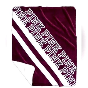 Victoria Secret PINK Sherpa Blanket Burgundy Black Orchid Logo 60” x 72” - Picture 1 of 12