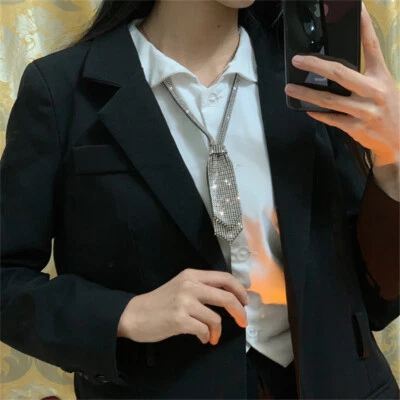 Dama Corbata Corta Doble Capa Corbata Estrás Cristal Collar Preppy Club Chic Foto 1 de 4